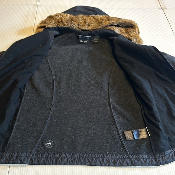 Marmot black tan brown faux furlong hoodie jacket w zipper front and pockets - Picture 12 of 12
